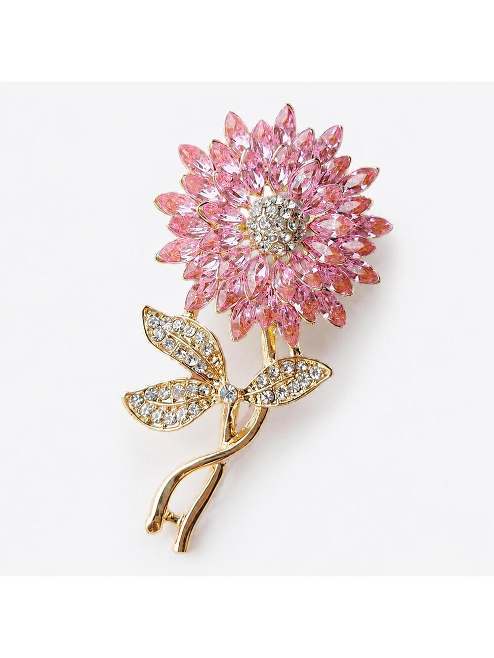 Elegant Pink Crystal Flower Brooch with Gold Tone Stem